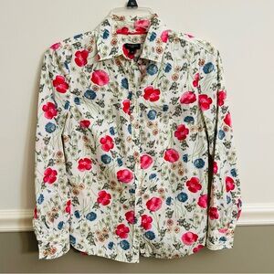 Talbots Floral Button Down Shirt Cotton Roll Tab Sleeves Garden Print Petite 2